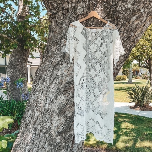 PLACE NATIONALE Antique French Cotton Crochet Lace Cover Up Midi Dress - Picture 2 of 10